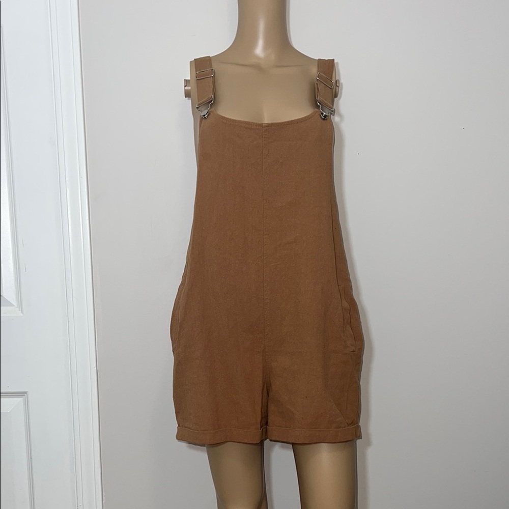 Fashion cotton/linen blend overall shorts